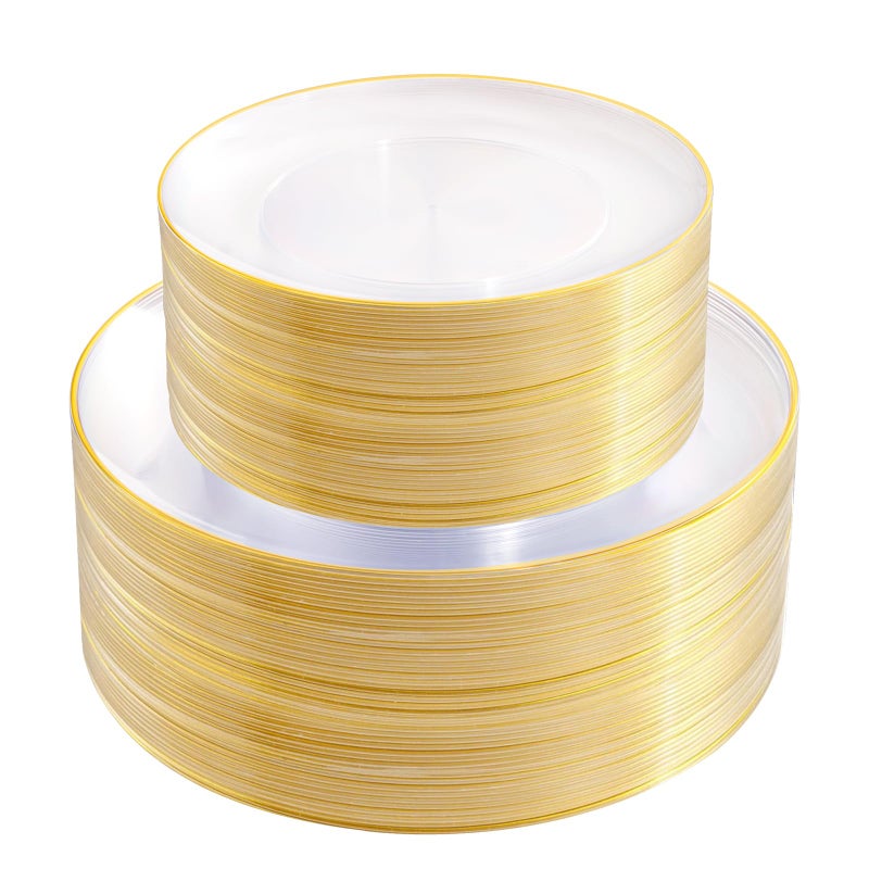 PULOTE 100PCS Clear and Gold Plastic Plates Heavy Duty Clear Disposable Plastic Plates With Gold Trim for WeddingParty Include 50 Dinner Plates 50 Dessert Plates